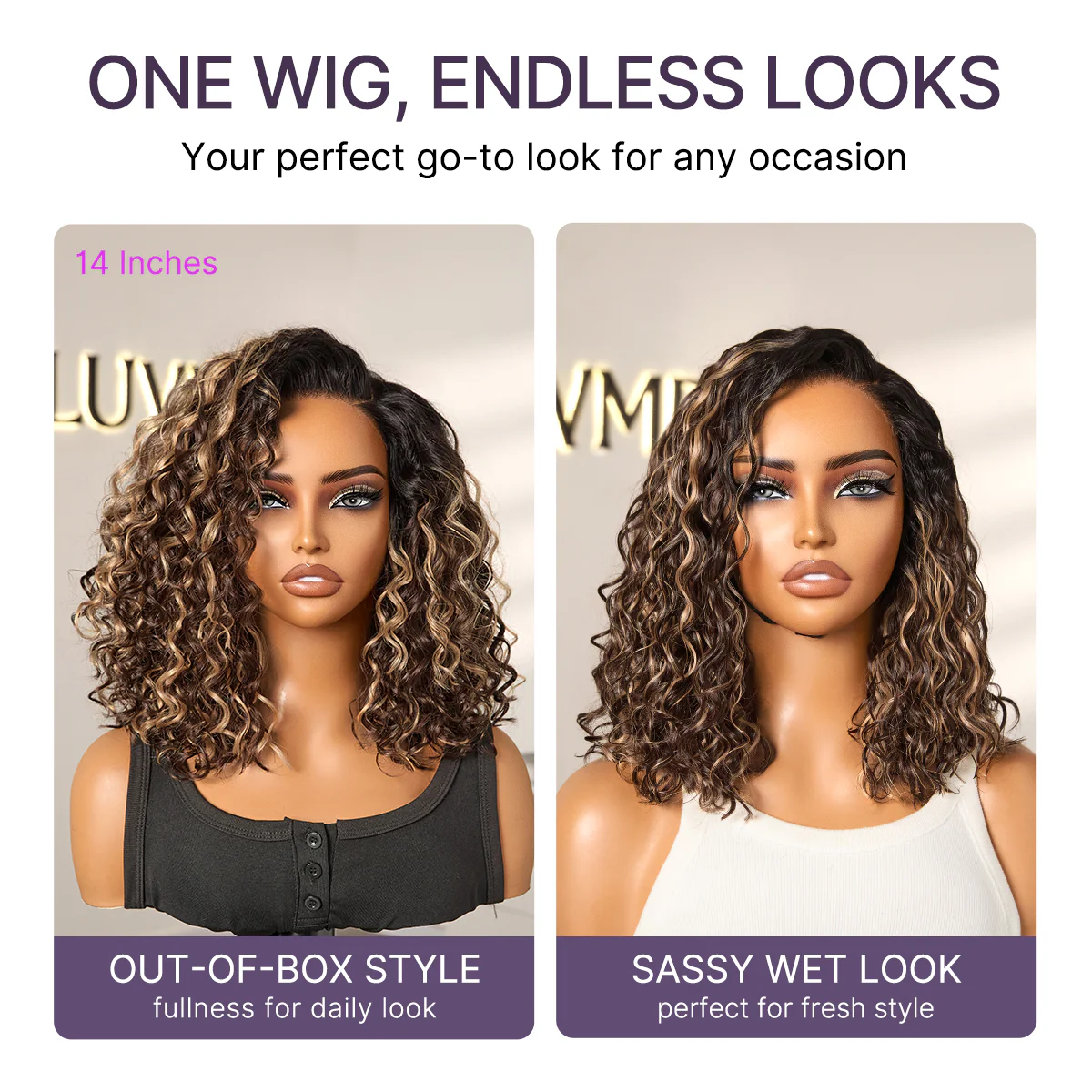 Ready to Go Blonde Highlight / Natural Black / Ombre Brown Water Wave Short Curly Bob Wig Glueless Minimalist HD Lace Wig Pre-Cut Lace - Image 5