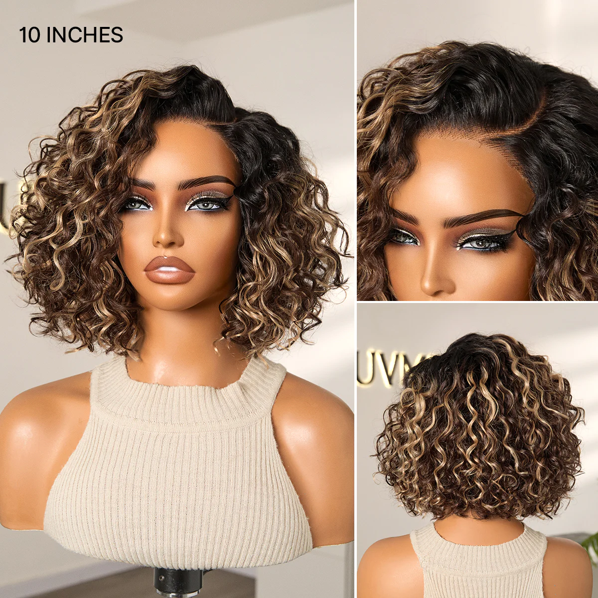 Ready to Go Blonde Highlight / Natural Black / Ombre Brown Water Wave Short Curly Bob Wig Glueless Minimalist HD Lace Wig Pre-Cut Lace - Image 8
