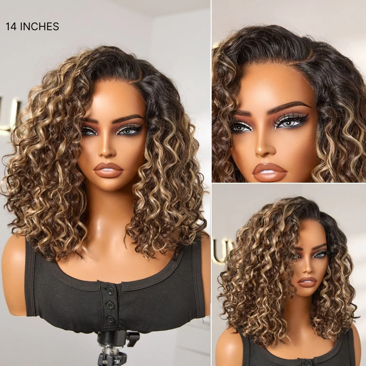Ready to Go Blonde Highlight / Natural Black / Ombre Brown Water Wave Short Curly Bob Wig Glueless Minimalist HD Lace Wig Pre-Cut Lace - Image 9