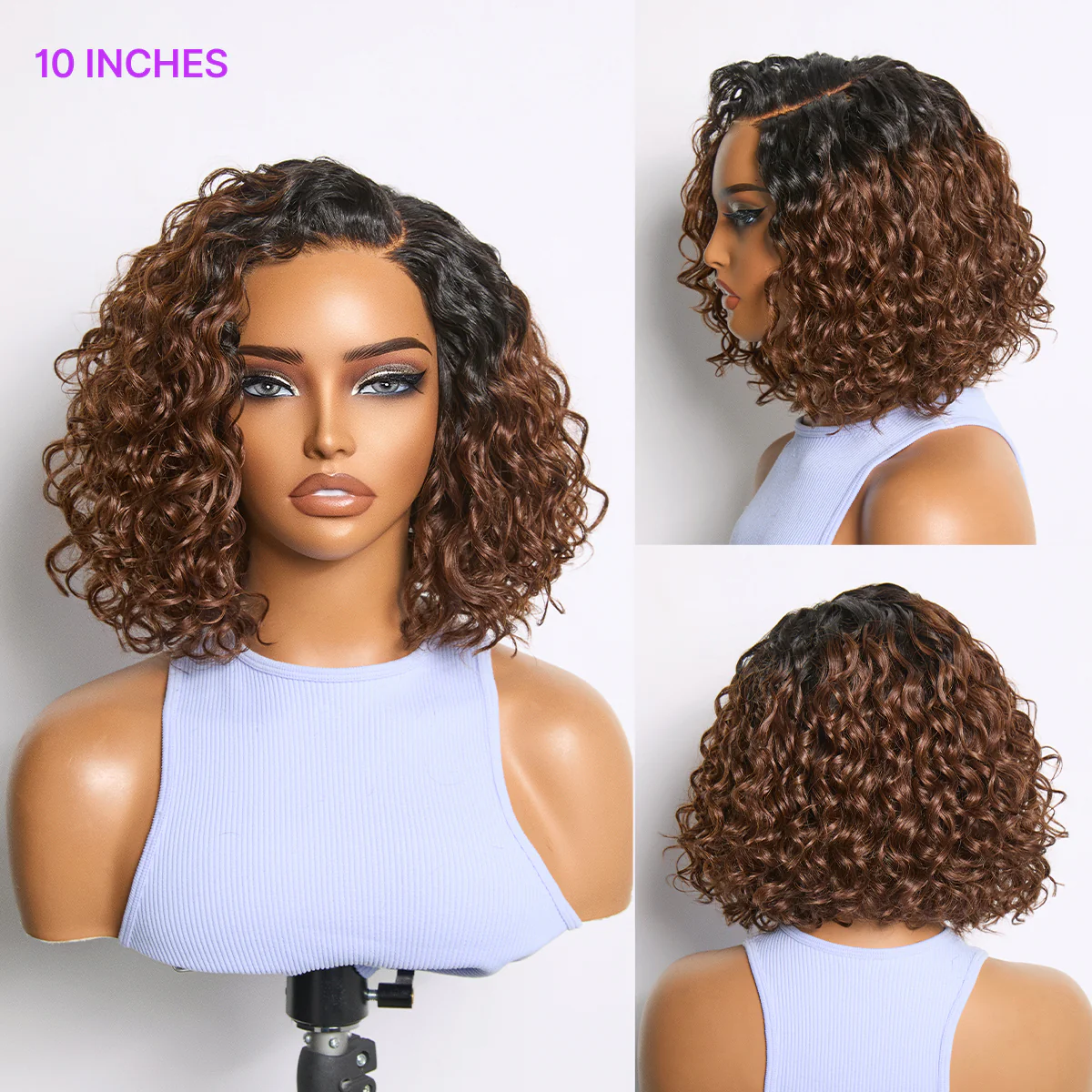Ready to Go Ombre Brown Water Wave Short Curly Bob Wig Glueless Minimalist HD Lace Wig Pre-Cut Lace - Image 5