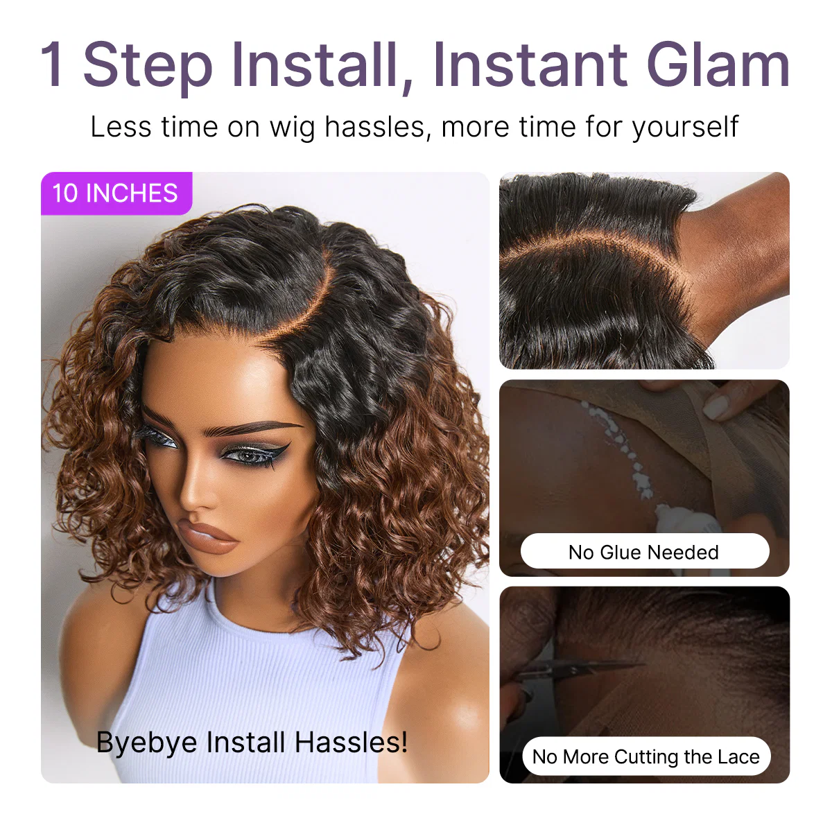 Ready to Go Ombre Brown Water Wave Short Curly Bob Wig Glueless Minimalist HD Lace Wig Pre-Cut Lace - Image 7
