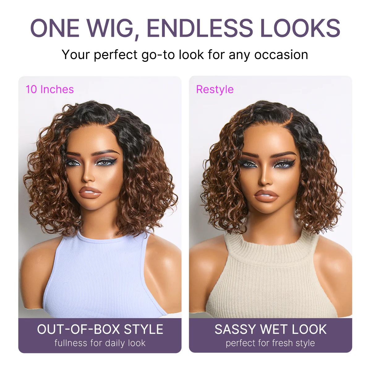 Ready to Go Ombre Brown Water Wave Short Curly Bob Wig Glueless Minimalist HD Lace Wig Pre-Cut Lace - Image 9