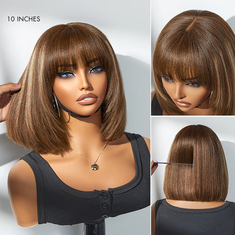 Put On and Go Ash Blonde Highlight / Brown Highlight / Natural Black Layered Cut Yaki Straight Minimalist Lace Bob Wig - Image 10