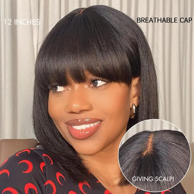 Put On and Go Ash Blonde Highlight / Brown Highlight / Natural Black Layered Cut Yaki Straight Minimalist Lace Bob Wig - Image 16