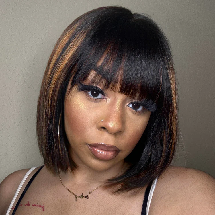Put On and Go Ash Blonde Highlight / Brown Highlight / Natural Black Layered Cut Yaki Straight Minimalist Lace Bob Wig - Image 6