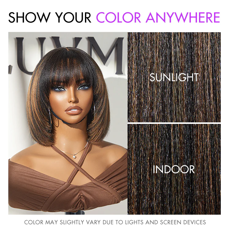 Put On and Go Ash Blonde Highlight / Brown Highlight / Natural Black Layered Cut Yaki Straight Minimalist Lace Bob Wig - Image 7