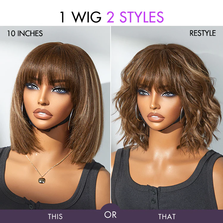 Put On and Go Ash Blonde Highlight / Brown Highlight / Natural Black Layered Cut Yaki Straight Minimalist Lace Bob Wig - Image 9