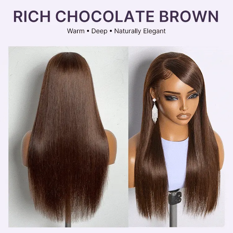 Rich Chocolate Brown Silky Straight 180% Density Glueless 13x4 Lace Frontal Wig Pre-Cut Lace - Image 4
