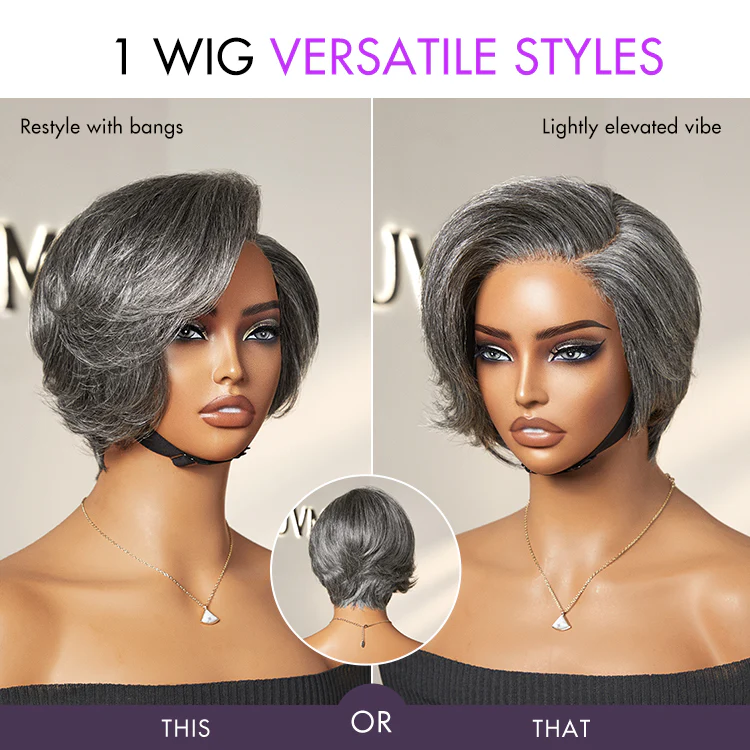 Salt and Pepper Short Pixie Cut Wig Glueless Minimalist HD Lace Grey Wig Pre-Cut Lace - Image 5