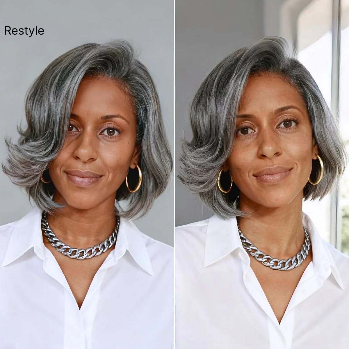 Salt & Pepper 100% Human Hair Layered Bob Wig Glueless Minimalist Lace Grey Wig Pre-Cut Lace - Image 4