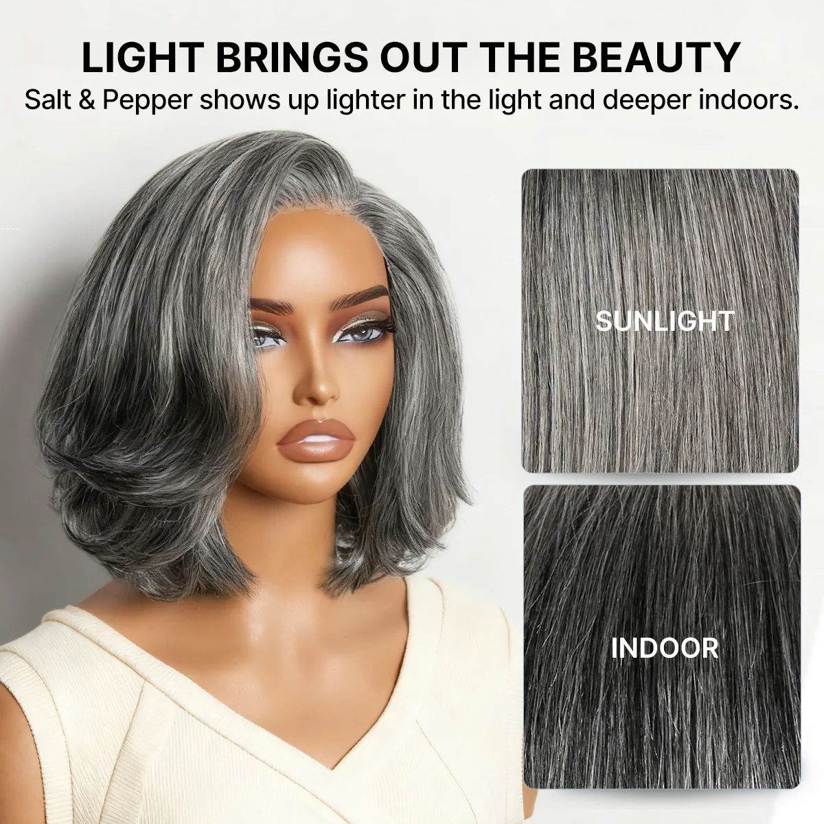 Salt & Pepper 100% Human Hair Layered Bob Wig Glueless Minimalist Lace Grey Wig Pre-Cut Lace - Image 8
