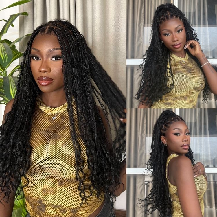 Special Deal | Light Weight Flexi-Fit Invisi Drawstring Cap Full Lace Knotless Boho Curls Braided Long Wig Super Natural Scalp - Image 2