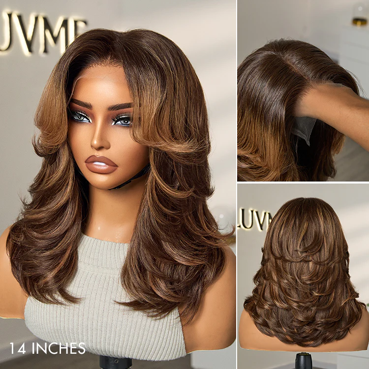 Brown Highlight Middle Part Effortlessly Chic Layered Haircut Wavy Glueless HD Minimalist Lace Short Wig - Image 2