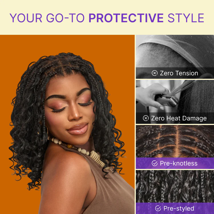 Special Deal | HD Full Lace Knotless Boho Curls Braided Bob Wig Flexi Fit Invisi Drawstring Cap Pre-Cut Lace - Image 5