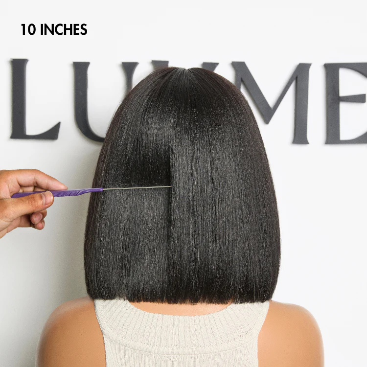 Special Offer | Put On and Go Brown Highlight / Natural Black Layered Cut Yaki Straight Minimalist Lace Bob Wig with Bangs - Image 9