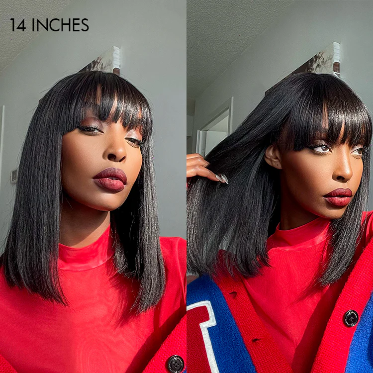 Weekly Special | Put On and Go Realistic Glueless Yaki Straight Bob with Bangs Minimalist Lace Wig 100% Human Hair - Image 15