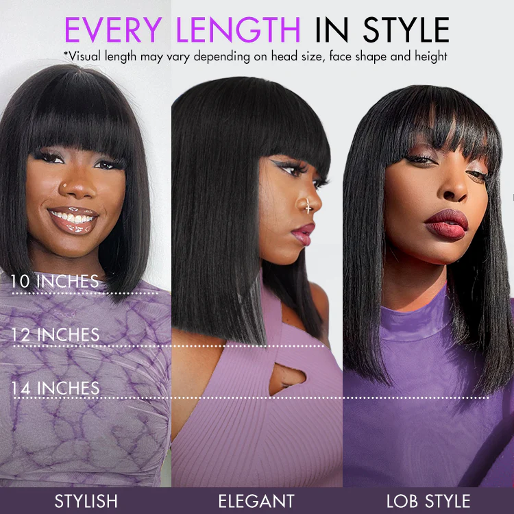 Weekly Special | Put On and Go Realistic Glueless Yaki Straight Bob with Bangs Minimalist Lace Wig 100% Human Hair - Image 4
