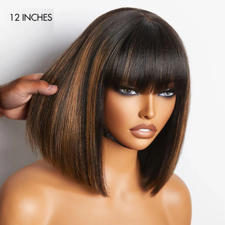 Weekly Special | Put On and Go Realistic Glueless Yaki Straight Bob with Bangs Minimalist Lace Wig 100% Human Hair - Image 7