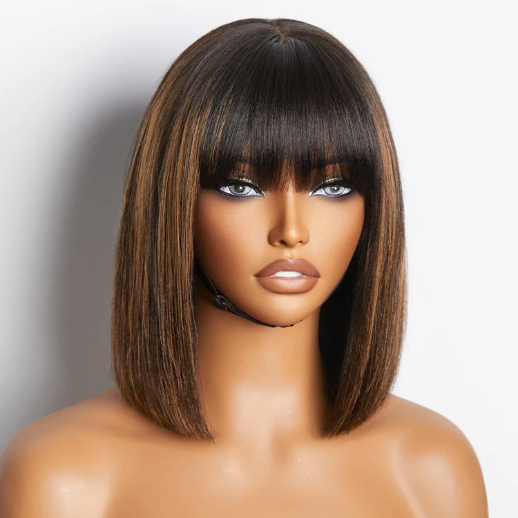 Weekly Special | Put On and Go Realistic Glueless Yaki Straight Bob with Bangs Minimalist Lace Wig 100% Human Hair - Image 8