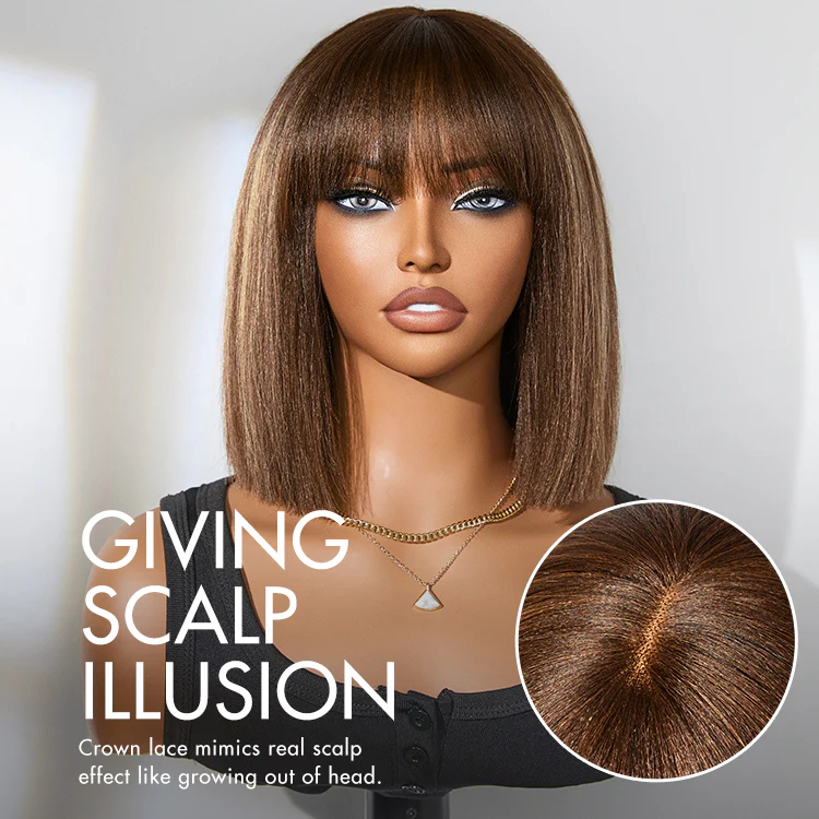 Weekly Special | Put On and Go Realistic Glueless Yaki Straight Bob with Bangs Minimalist Lace Wig 100% Human Hair - Image 9