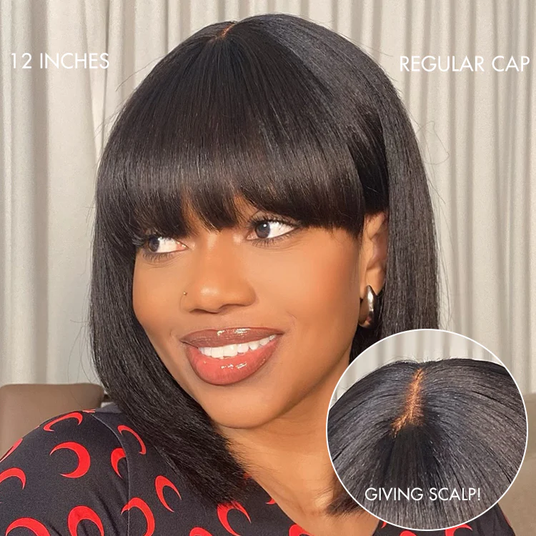 Weekly Special | Put On and Go Brown Highlight / Natural Black Layered Cut Yaki Straight Minimalist Lace Bob Wig with Bangs - Image 13