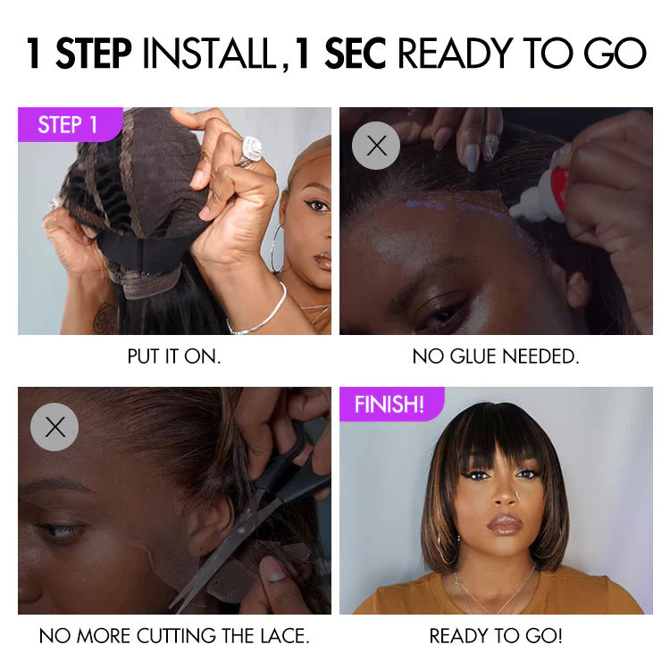 Weekly Special | Put On and Go Brown Highlight / Natural Black Layered Cut Yaki Straight Minimalist Lace Bob Wig with Bangs - Image 9