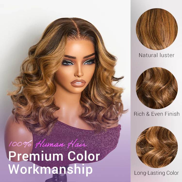 Sun-Kissed Warm Tone Brown with Blonde Highlights 180% Density Loose Wave Glueless 5x5 Closure Lace Wig Pre-Cut Lace - Image 2
