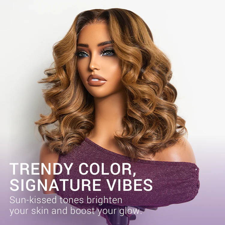 Sun-Kissed Warm Tone Brown with Blonde Highlights 180% Density Loose Wave Glueless 5x5 Closure Lace Wig Pre-Cut Lace - Image 3