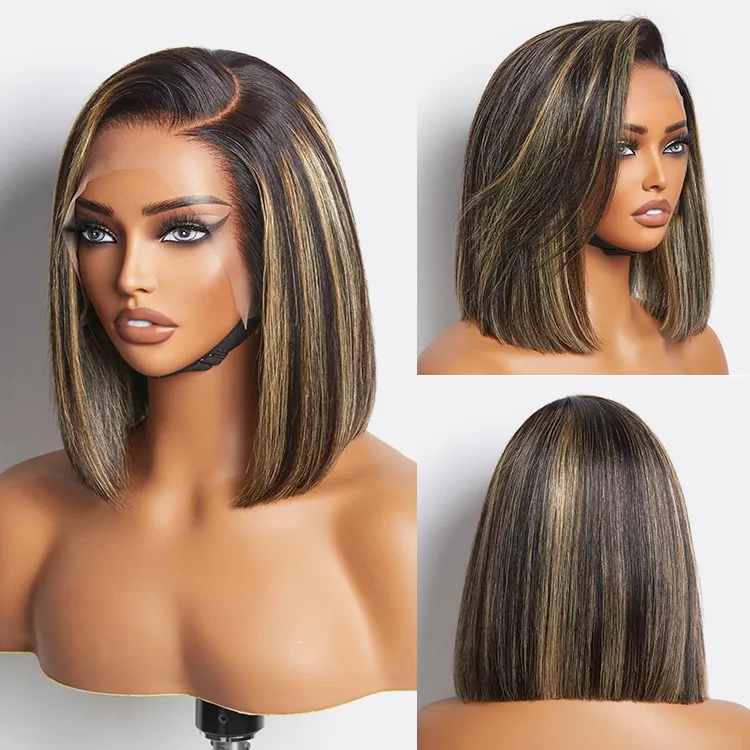 PreMax Wigs - Natural Black / Blonde Highlight C Part Glueless Lace Front Bob Wig Pre-cut Lace - Image 8