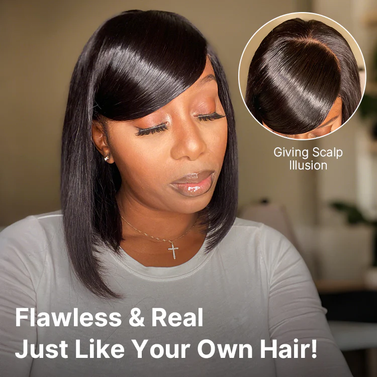Swoop Bangs Breathable Cap Deep Left C Part Silky Straight Glueless 5x5 Closure Lace Bob Wig - Image 3