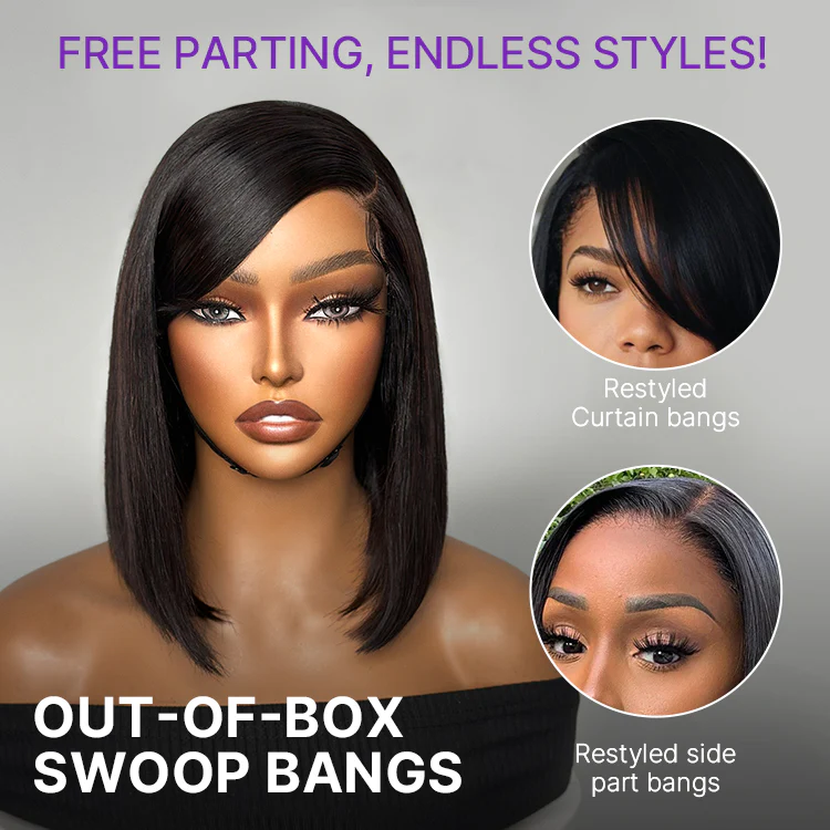 Swoop Bangs Breathable Cap Deep Left C Part Silky Straight Glueless 5x5 Closure Lace Bob Wig - Image 5