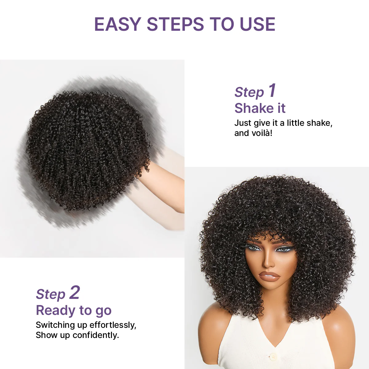 Throw On & Go 200% Density Natural Black Afro Curly No Lace Glueless Short Wig - Image 8