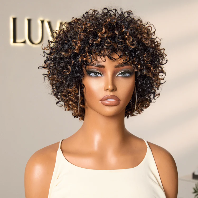 Throw On & Go Brown Highlight Short Curly with Bangs Wig Ultra Comfort Skin-Like Soft Care Glueless Hair Loss Friendly Wig - Image 10