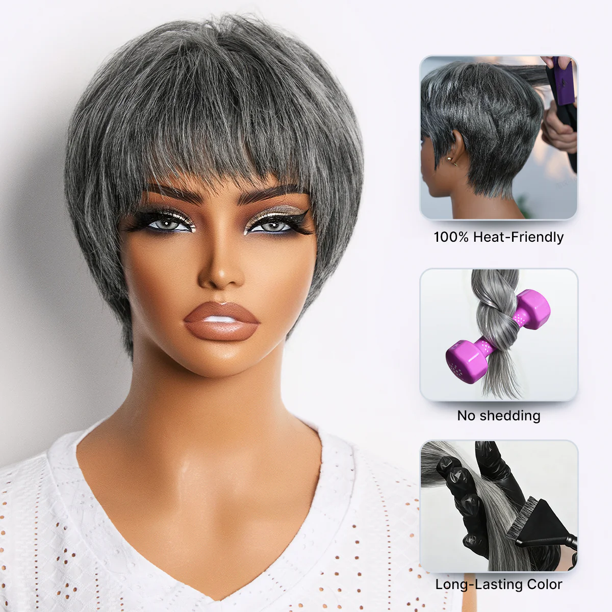 Salt & Pepper 100% Human Hair Short Pixie Cut Glueless Wig with Bangs Ultra Comfort Skin-Like Soft Care Hair Loss Friendly - Image 4