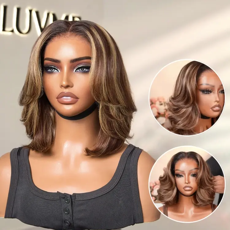 Tiktok Exclusive Deal | Blonde Highlight / Brown Highlight Short Layered Bob Wig Glueless 5x5 Closure Pre-Cut Lace Wig
