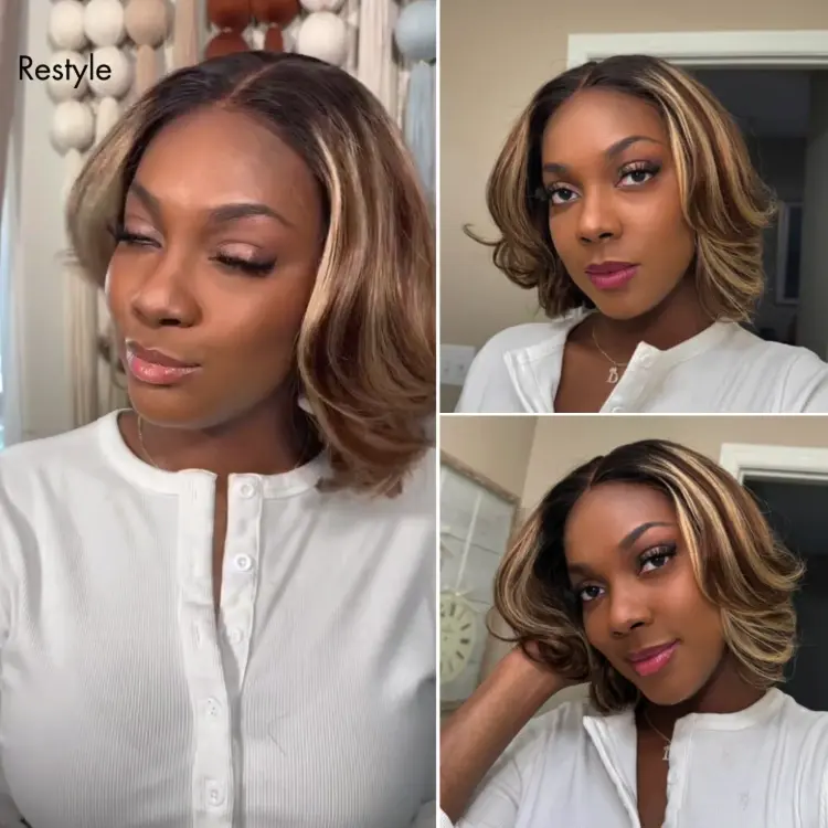 Tiktok Exclusive Deal | Blonde Highlight / Brown Highlight Short Layered Bob Wig Glueless 5x5 Closure Pre-Cut Lace Wig - Image 2