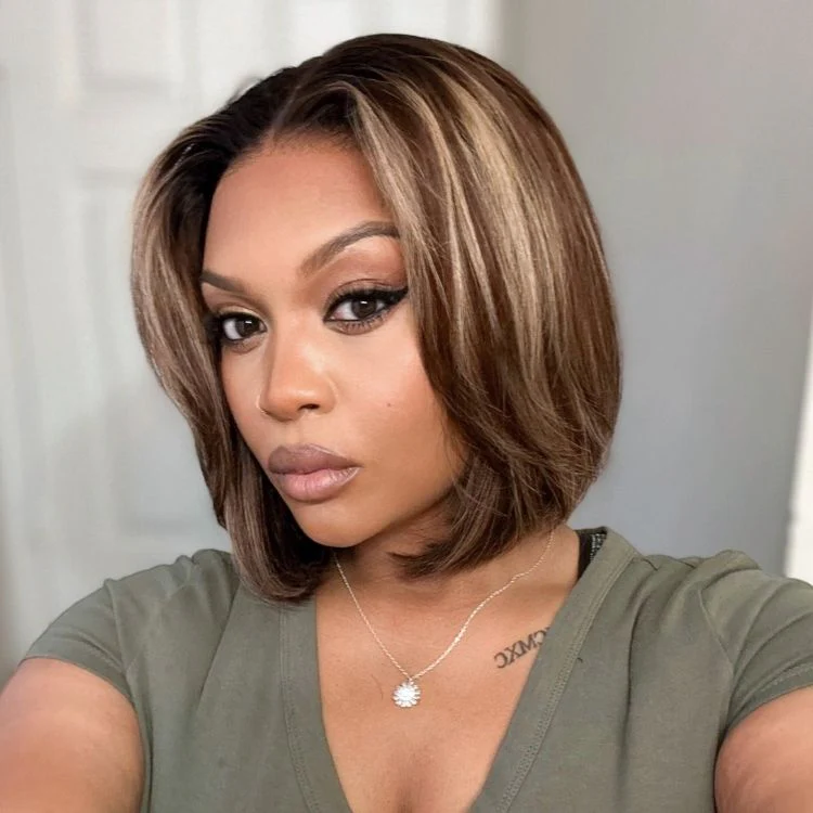 Tiktok Exclusive Deal | Blonde Highlight / Brown Highlight Short Layered Bob Wig Glueless 5x5 Closure Pre-Cut Lace Wig - Image 6