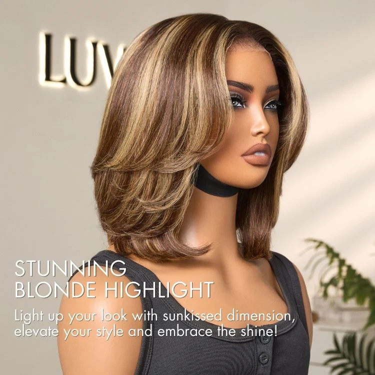 Tiktok Exclusive Deal | Blonde Highlight / Brown Highlight Short Layered Bob Wig Glueless 5x5 Closure Pre-Cut Lace Wig - Image 7