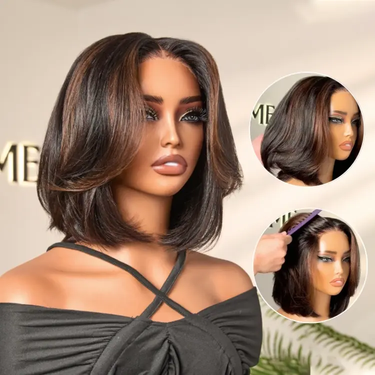 48H Delivery | Brown Highlight Silky Short Bob Wig Layered Cut Human Hair Glueless 5x5 Closure Pre-Cut Lace Wig - US Only - Image 3