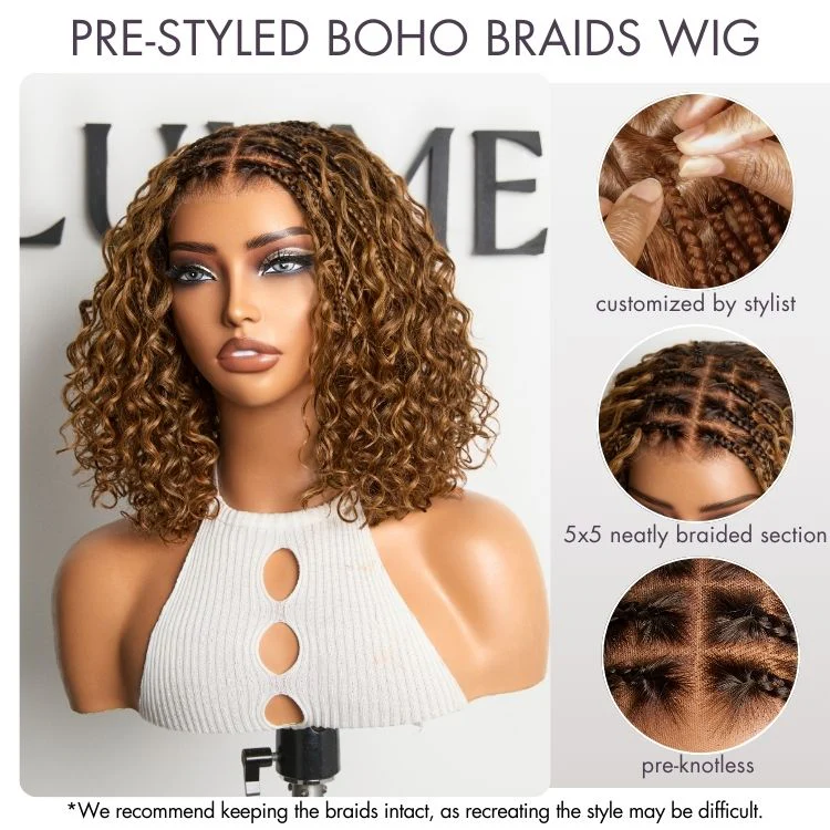Tiktok Exclusive Deal | Ombre Brown Highlight Boho Braids Deep Curly Glueless 5x5 Closure Lace with Braided Top Human Hair Wig Pre-Cut Lace - Image 4