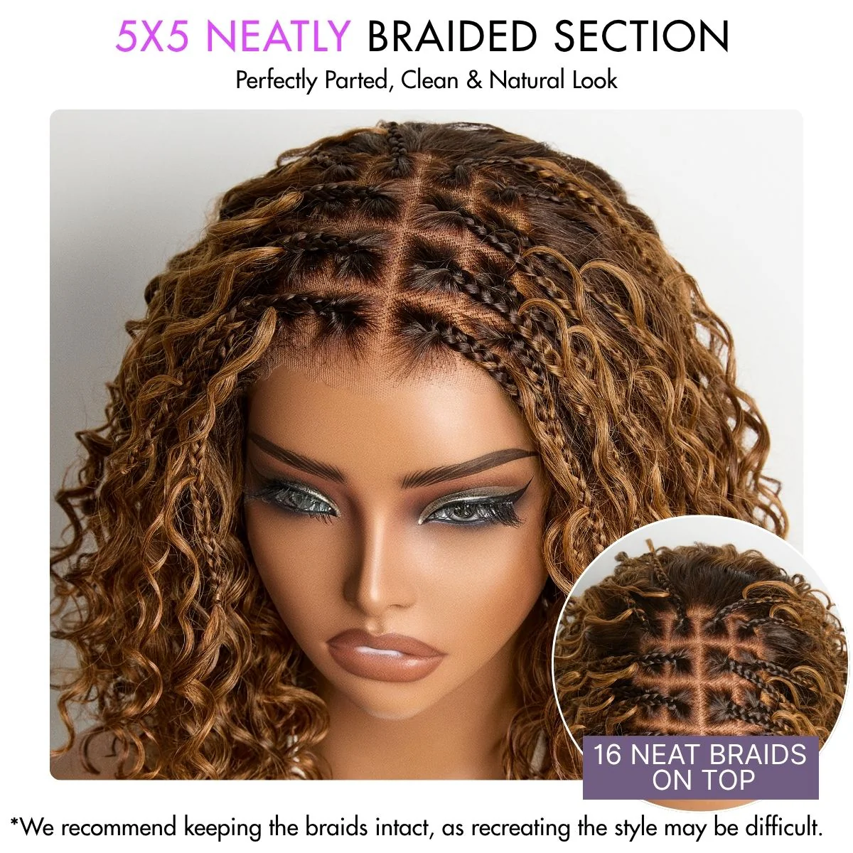 Tiktok Exclusive Deal | Ombre Brown Highlight Boho Braids Deep Curly Glueless 5x5 Closure Lace with Braided Top Human Hair Wig Pre-Cut Lace - Image 5