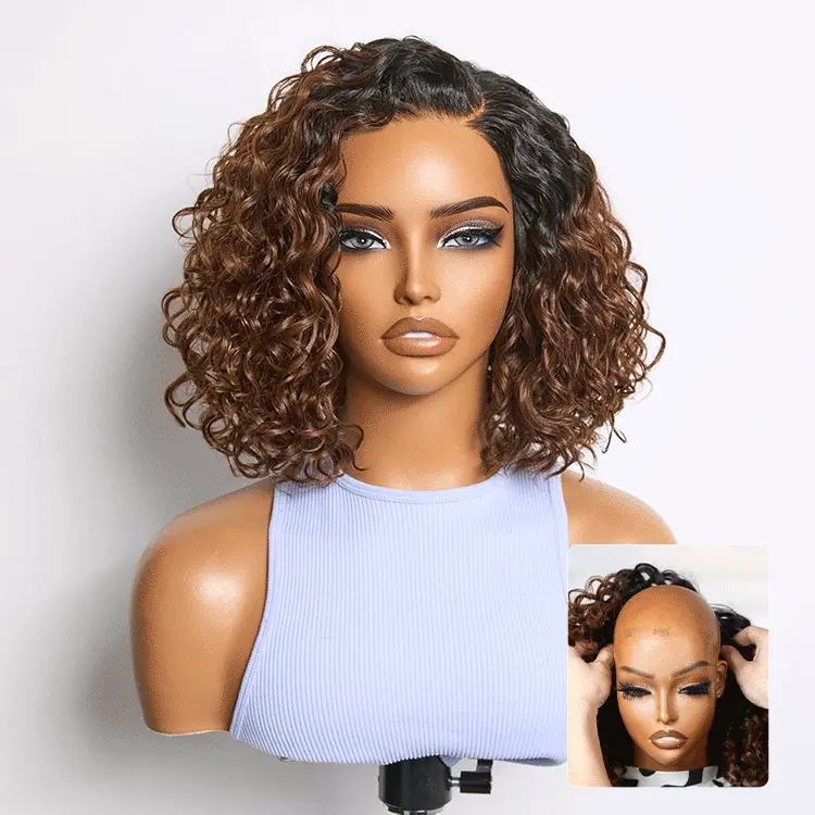 Tiktok Exclusive Deal | Ready to Go Blonde Highlight / Natural Black / Ombre Brown Water Wave Short Curly Bob Wig Glueless Minimalist HD Lace Wig Pre-Cut Lace - Image 9