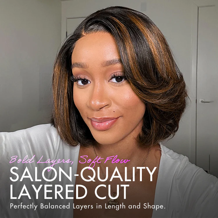 Trendy Brown Highlight Layered Bob Blowout Glueless 5x5 Lace Closure Wig 100% Human Hair Pre-Cut Lace - Image 3