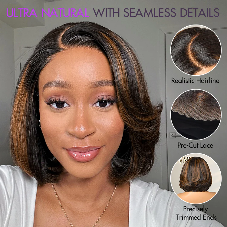 Trendy Brown Highlight Layered Bob Blowout Glueless 5x5 Lace Closure Wig 100% Human Hair Pre-Cut Lace - Image 4