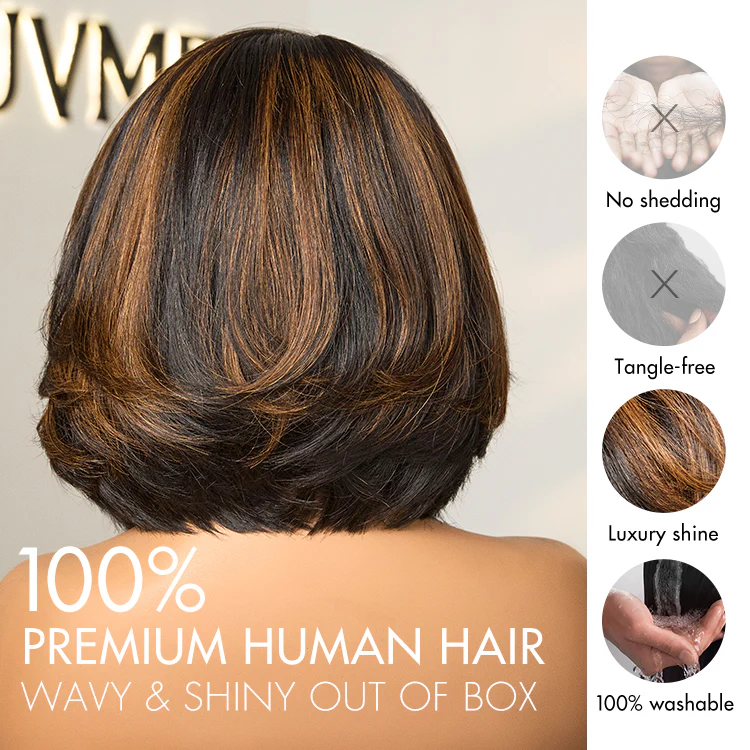 Trendy Brown Highlight Layered Bob Blowout Glueless 5x5 Lace Closure Wig 100% Human Hair Pre-Cut Lace - Image 6