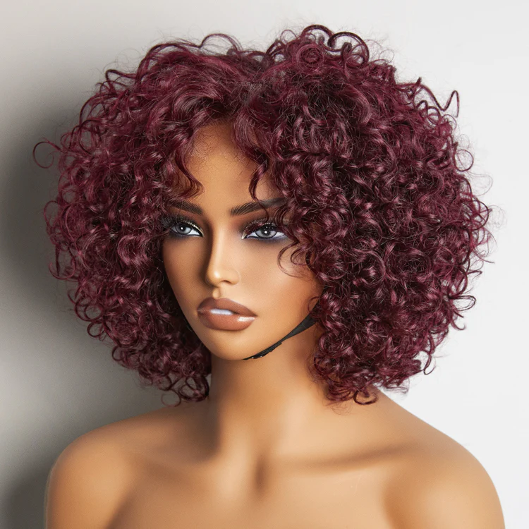 Trendy Burgundy Curly Bob Glueless Minimalist Lace T Part Wig 100% Human Hair - 99J™ - Image 3