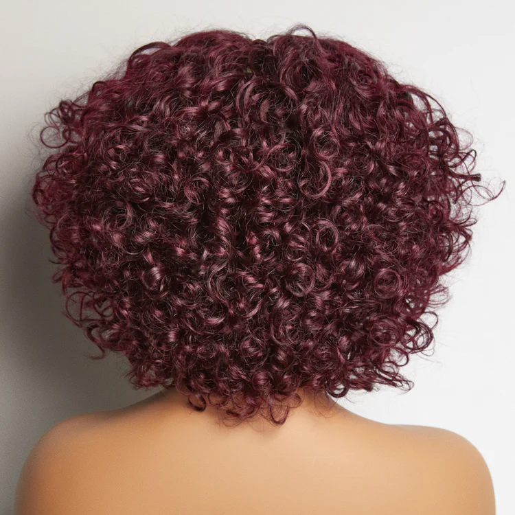 Trendy Burgundy Curly Bob Glueless Minimalist Lace T Part Wig 100% Human Hair - 99J™ - Image 4