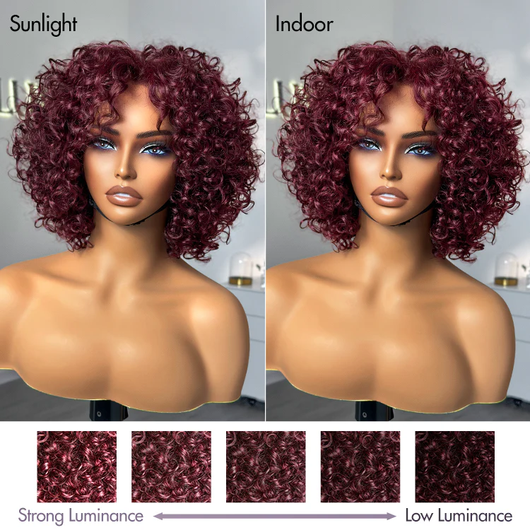 Trendy Burgundy Curly Bob Glueless Minimalist Lace T Part Wig 100% Human Hair - 99J™ - Image 5