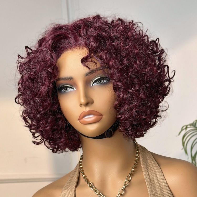 Trendy Burgundy Curly Bob Glueless Minimalist HD Lace T Part 99J Hair Color Wig 100% Human Hair  - US Only - Image 3