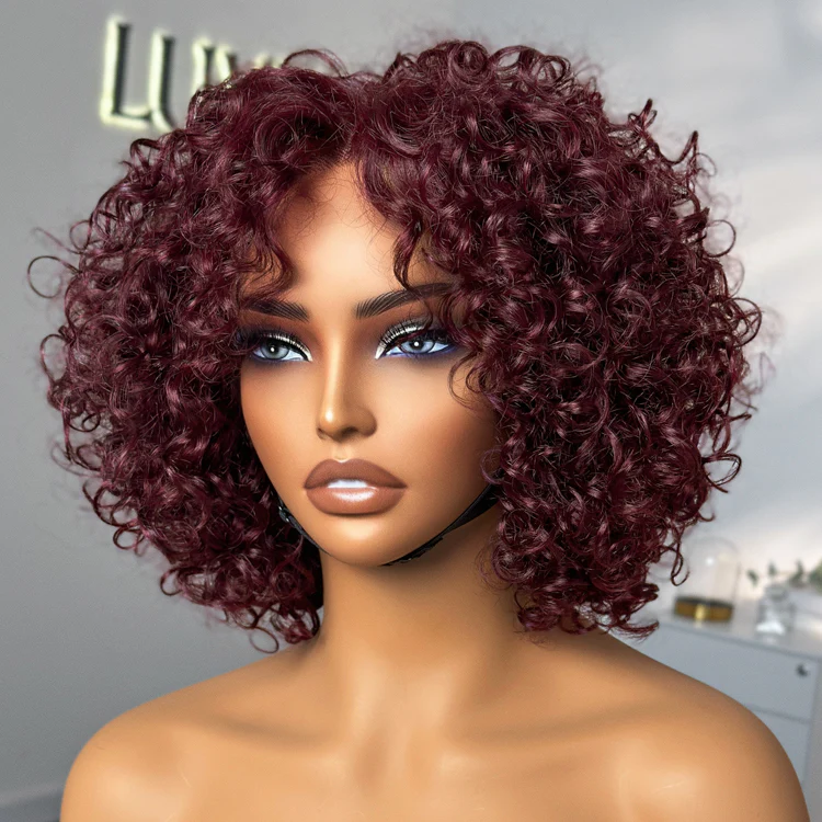 Trendy Burgundy Curly Bob Glueless Minimalist HD Lace T Part 99J Hair Color Wig 100% Human Hair  - US Only - Image 4